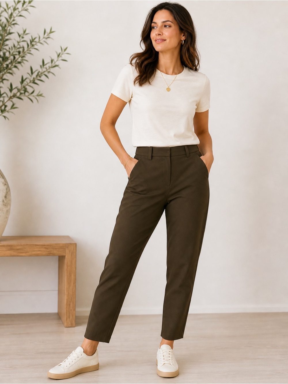 Frank And Oak Amelia Retro Trousers High Rise Tapered Pleated Ankle Pants Taupe